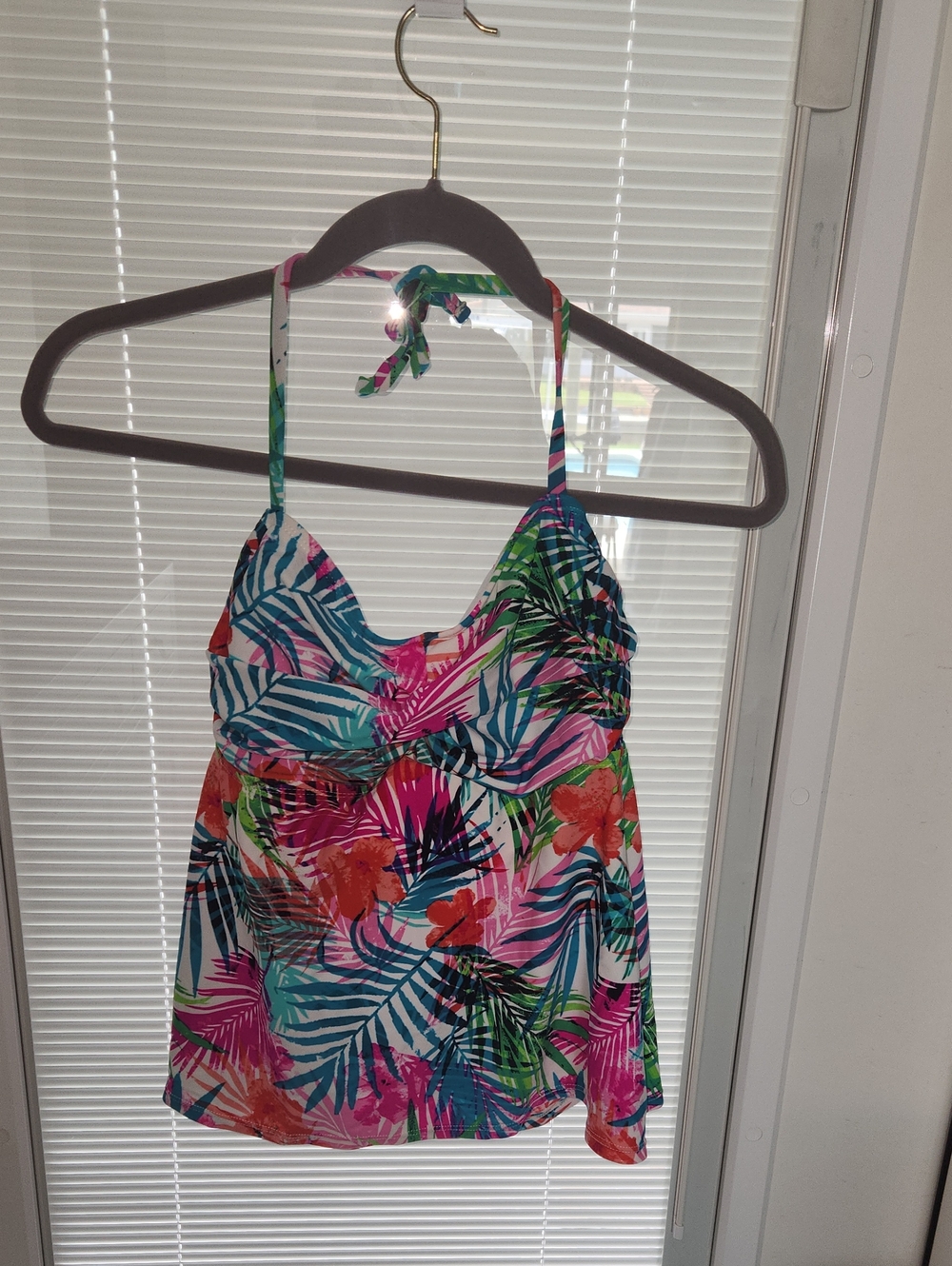 Women's Tropical Print Tankini Top One-Piece Swim Tank - Pink & Green